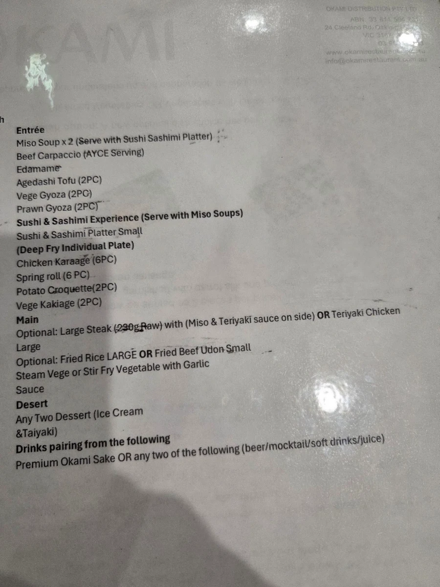 Menu, Okami Japanese Restaurant