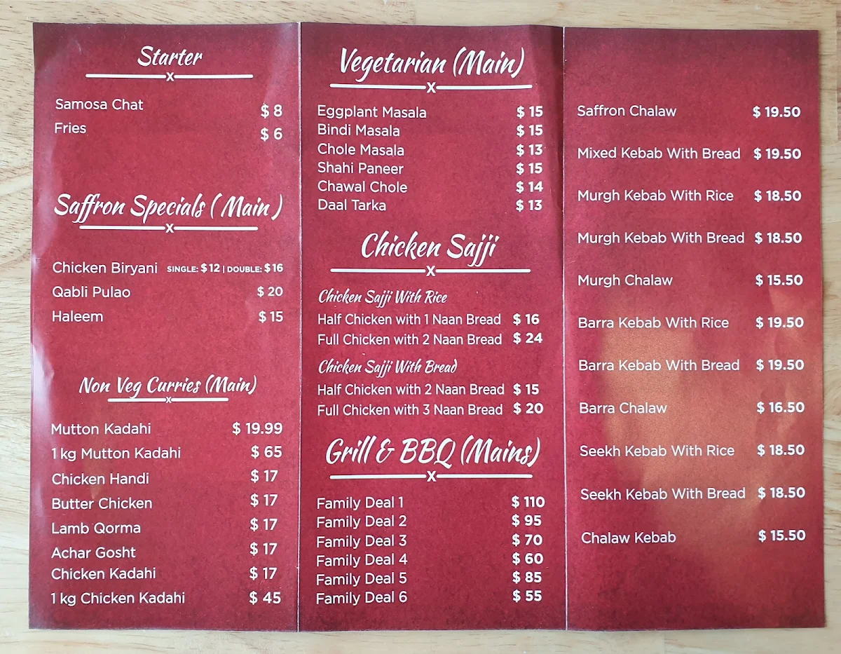 Menu, Saffron Club