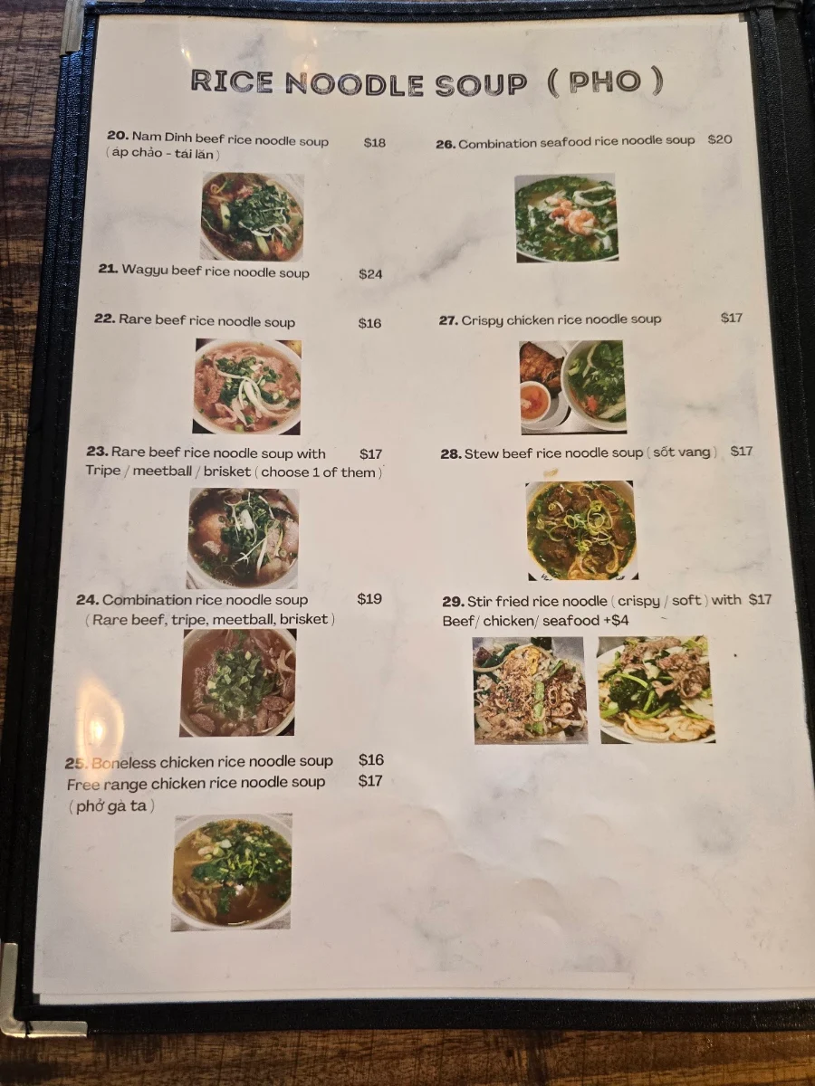 Menu, Pho Nam Dinh Marrickville