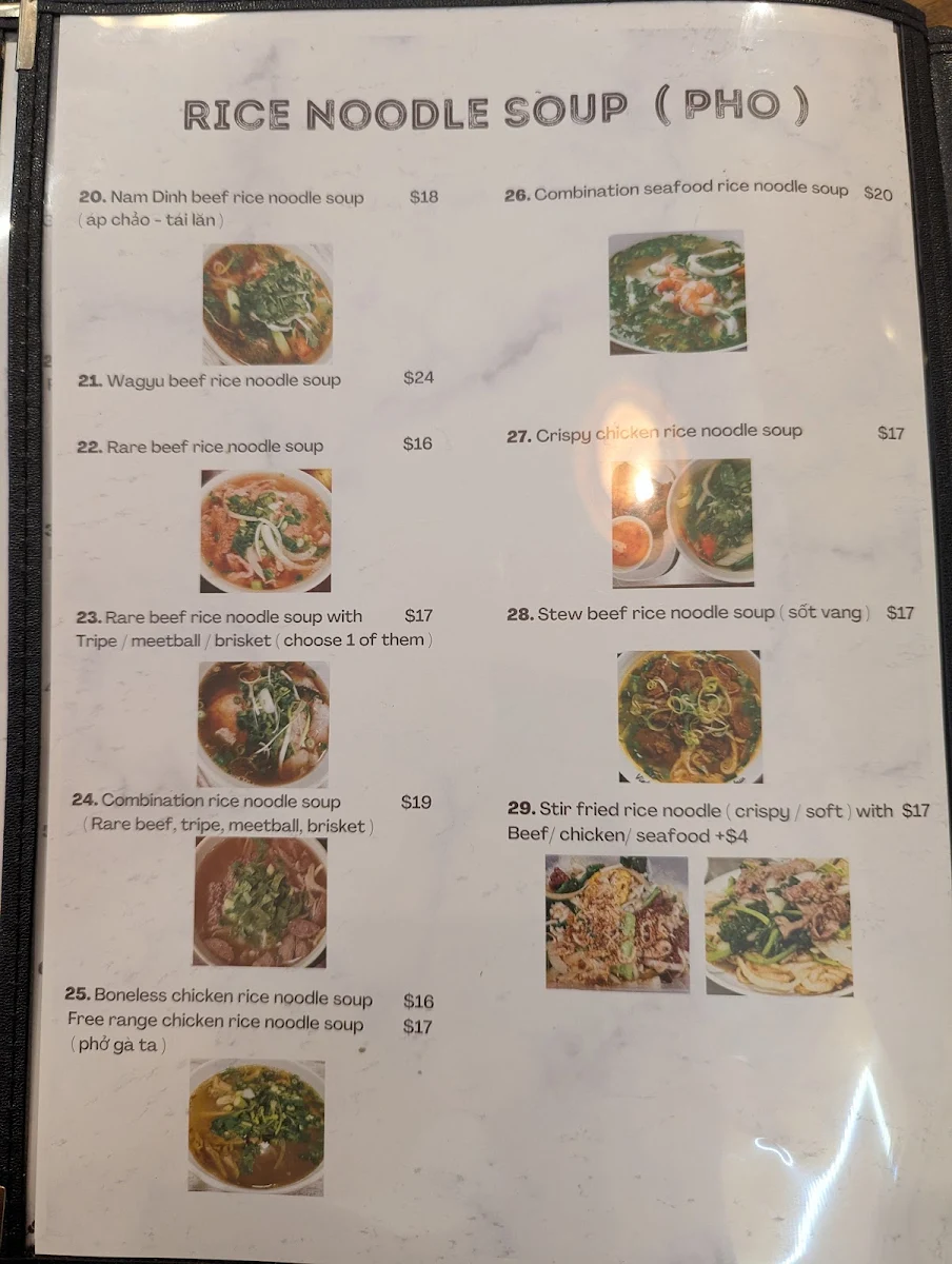 Menu, Pho Nam Dinh Marrickville