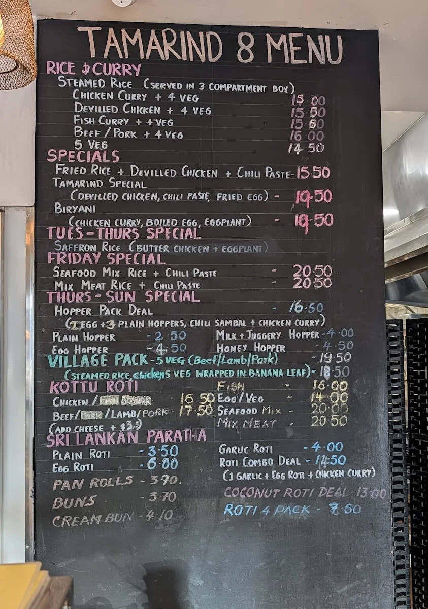 Menu, Tamarind 8 Sri Lankan Cuisine catering and takeaway