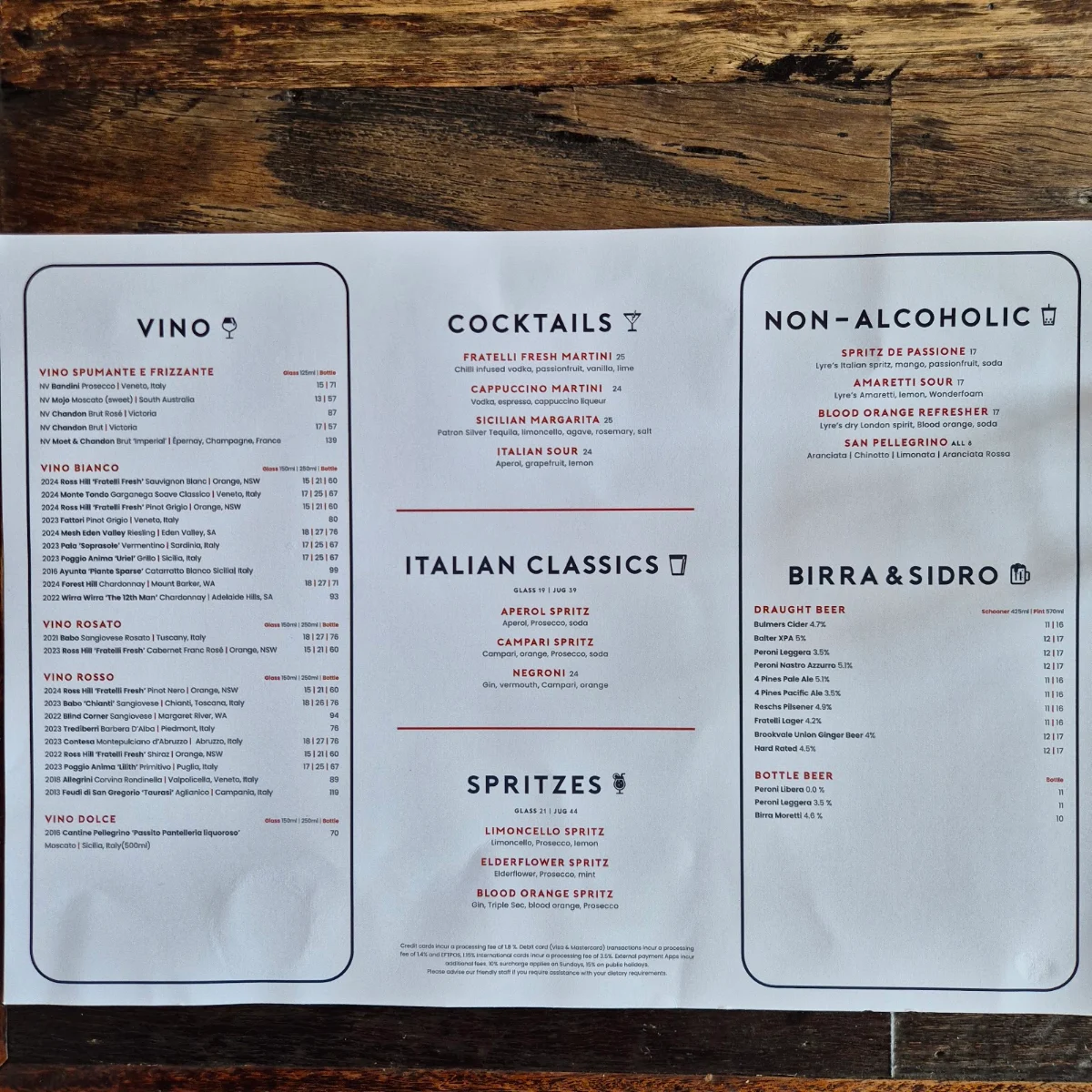 Menu, Fratelli Fresh Darling Harbour