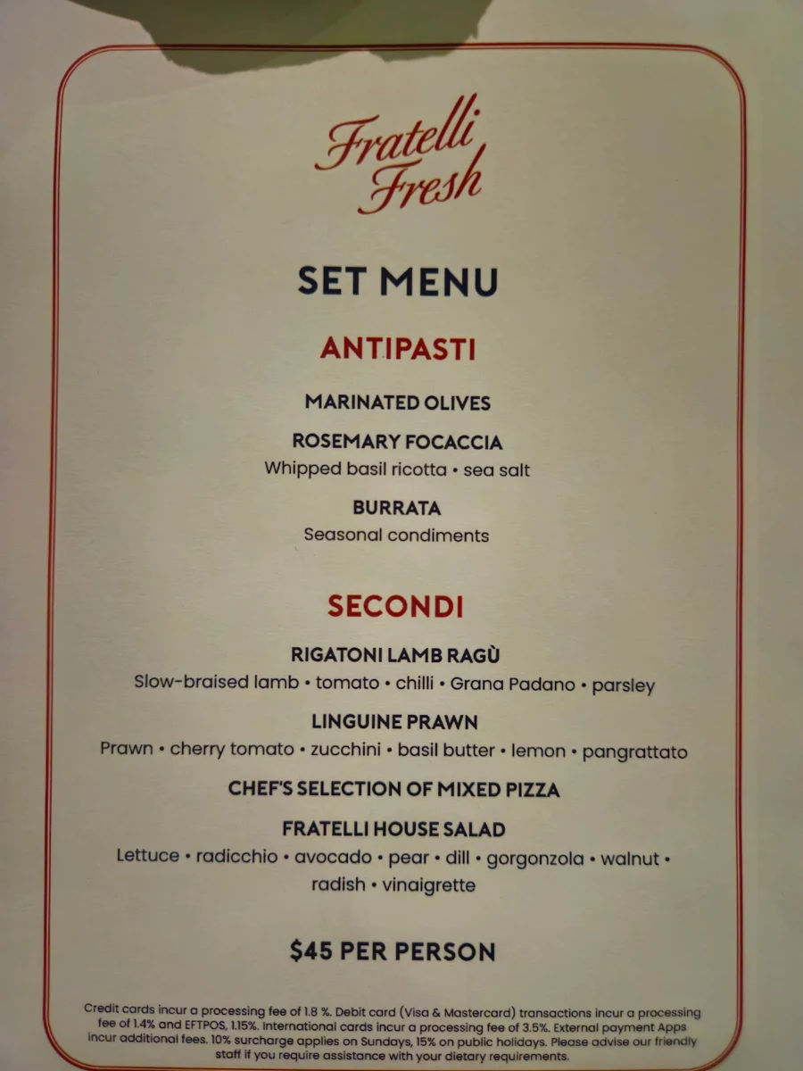 Menu, Fratelli Fresh Darling Harbour