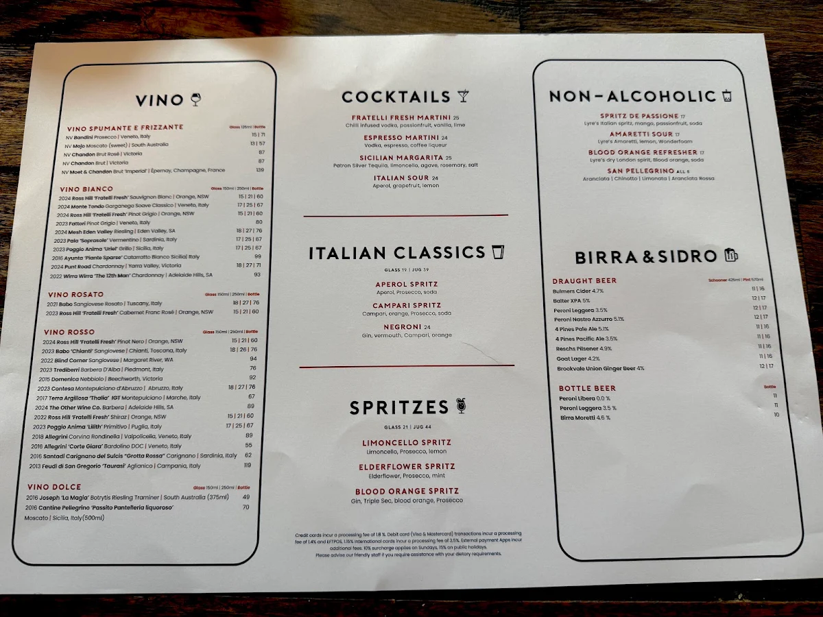 Menu, Fratelli Fresh Darling Harbour