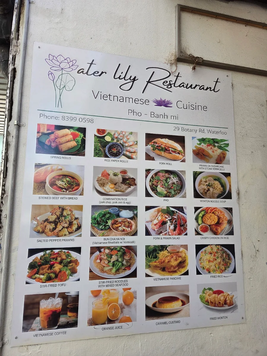 Menu, Water lily Vietnamese restaurant