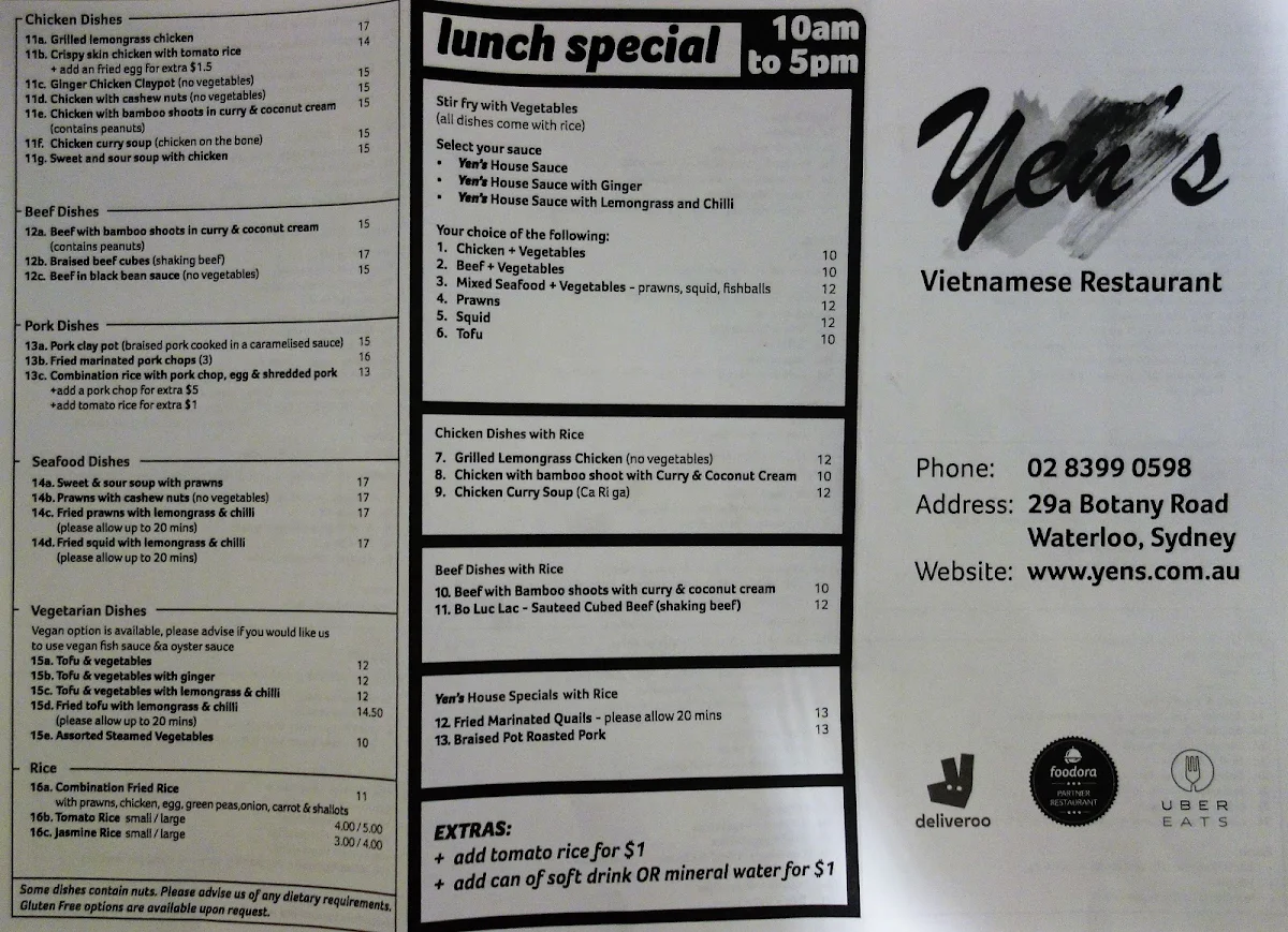 Menu, Water lily Vietnamese restaurant