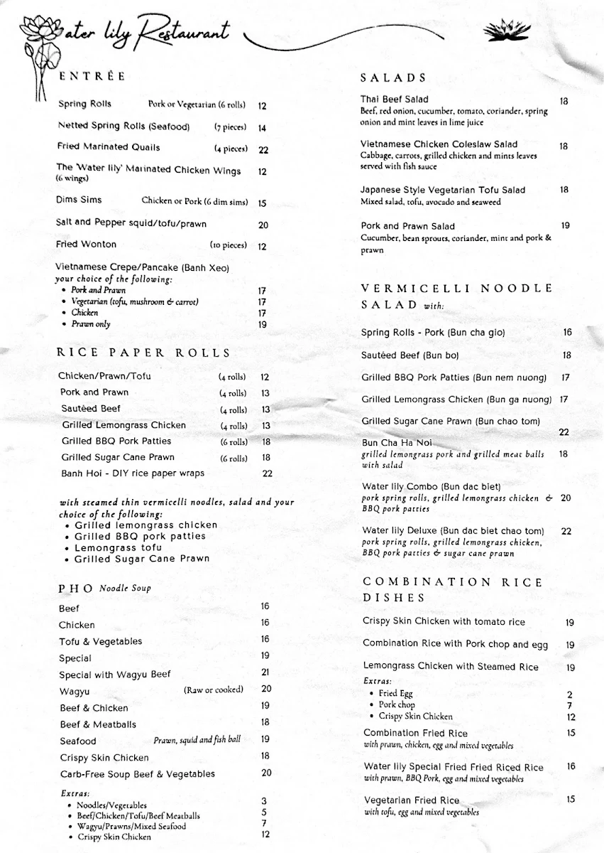 Menu, Water lily Vietnamese restaurant
