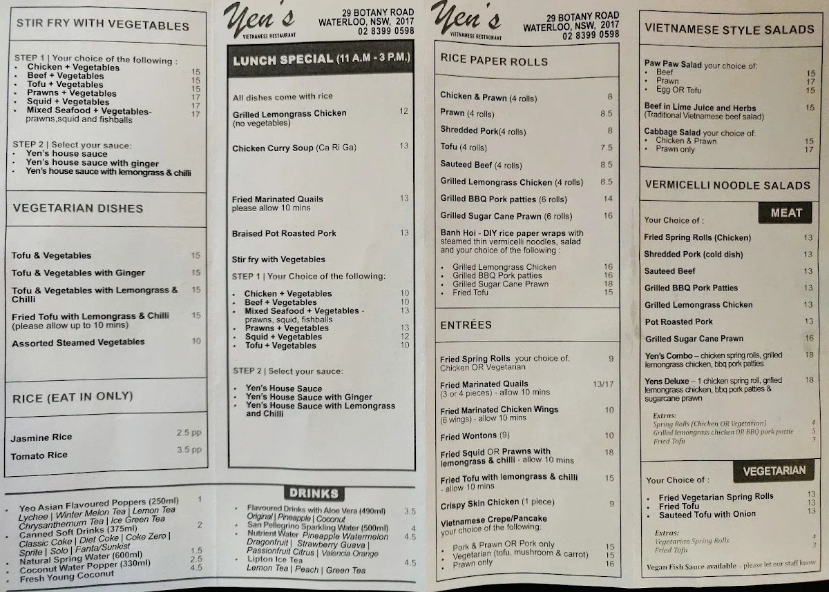 Menu, Water lily Vietnamese restaurant