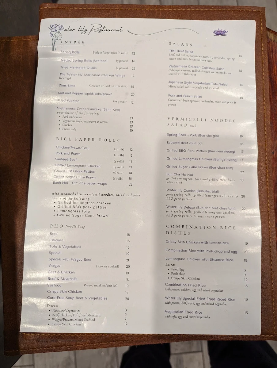 Menu, Water lily Vietnamese restaurant