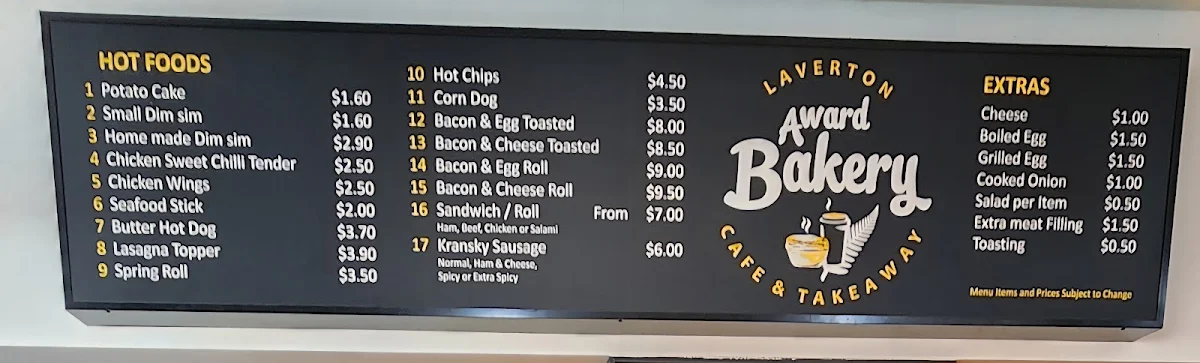 Menu, Laverton Award Bakery Cafe and Takeaway