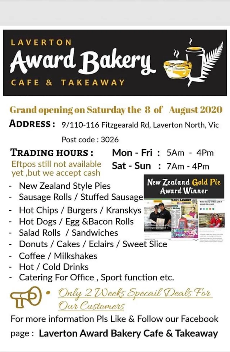 Menu, Laverton Award Bakery Cafe and Takeaway