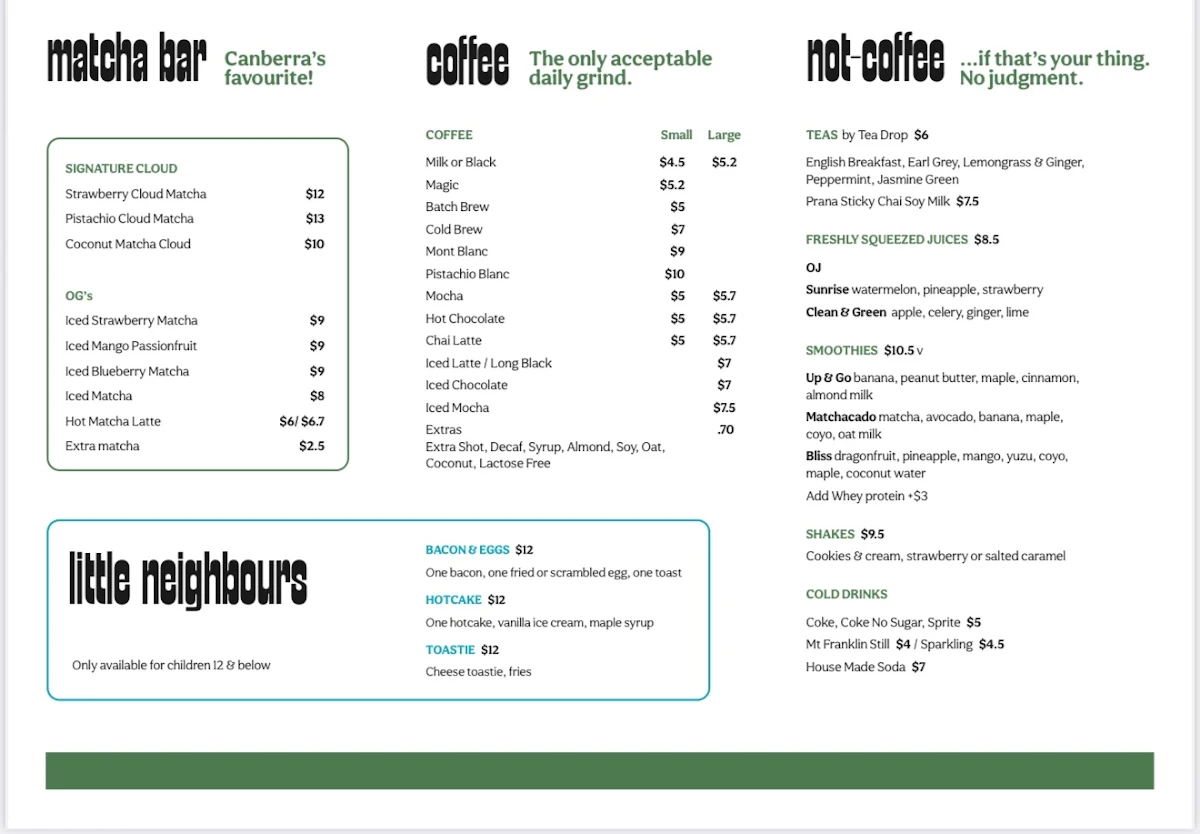 Menu, Good Neighbour Cafe