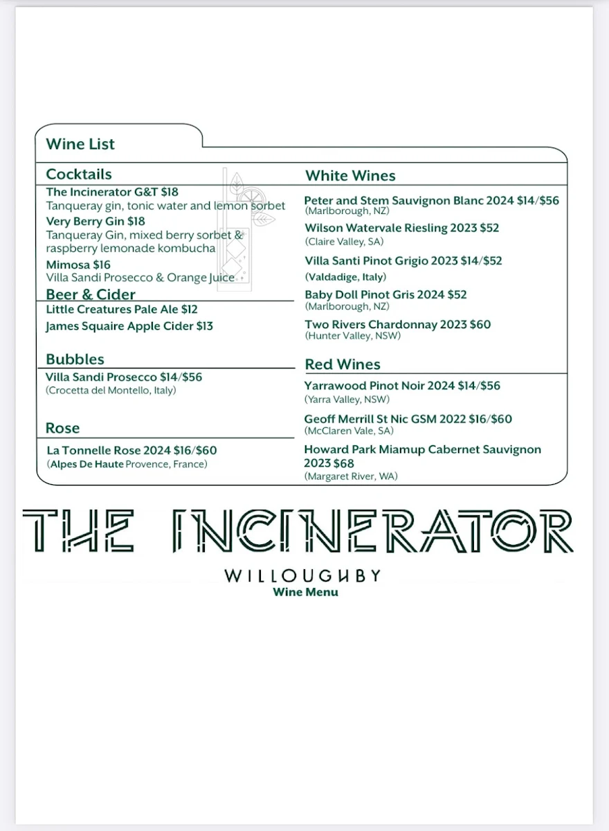 Menu, The Incinerator Café