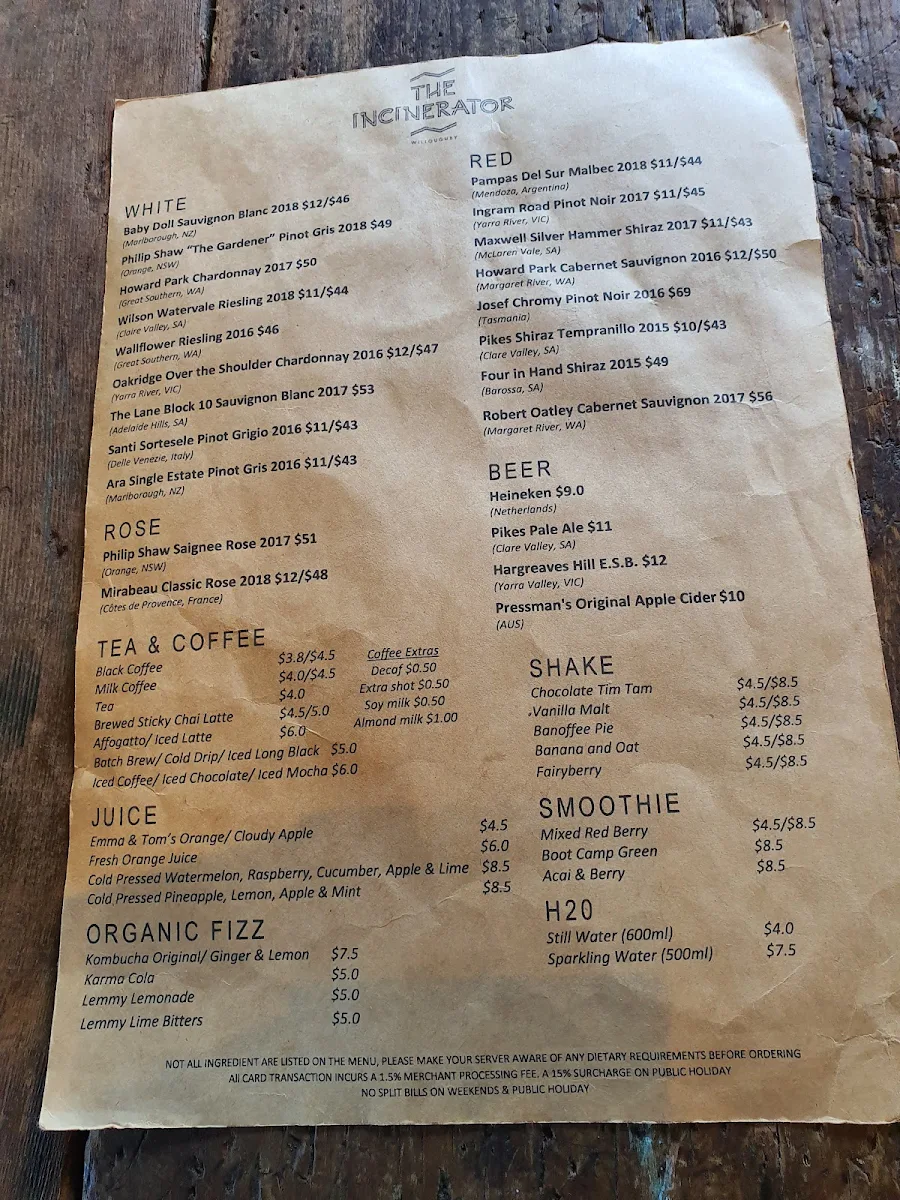 Menu, The Incinerator Café