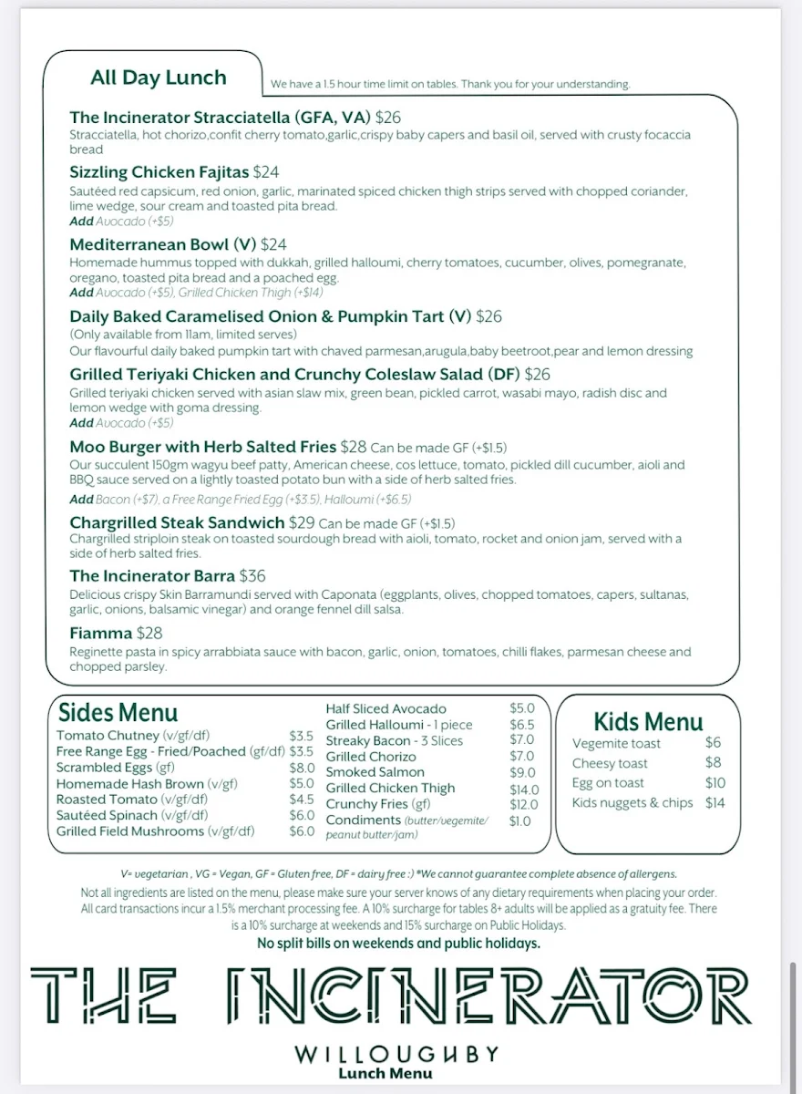 Menu, The Incinerator Café
