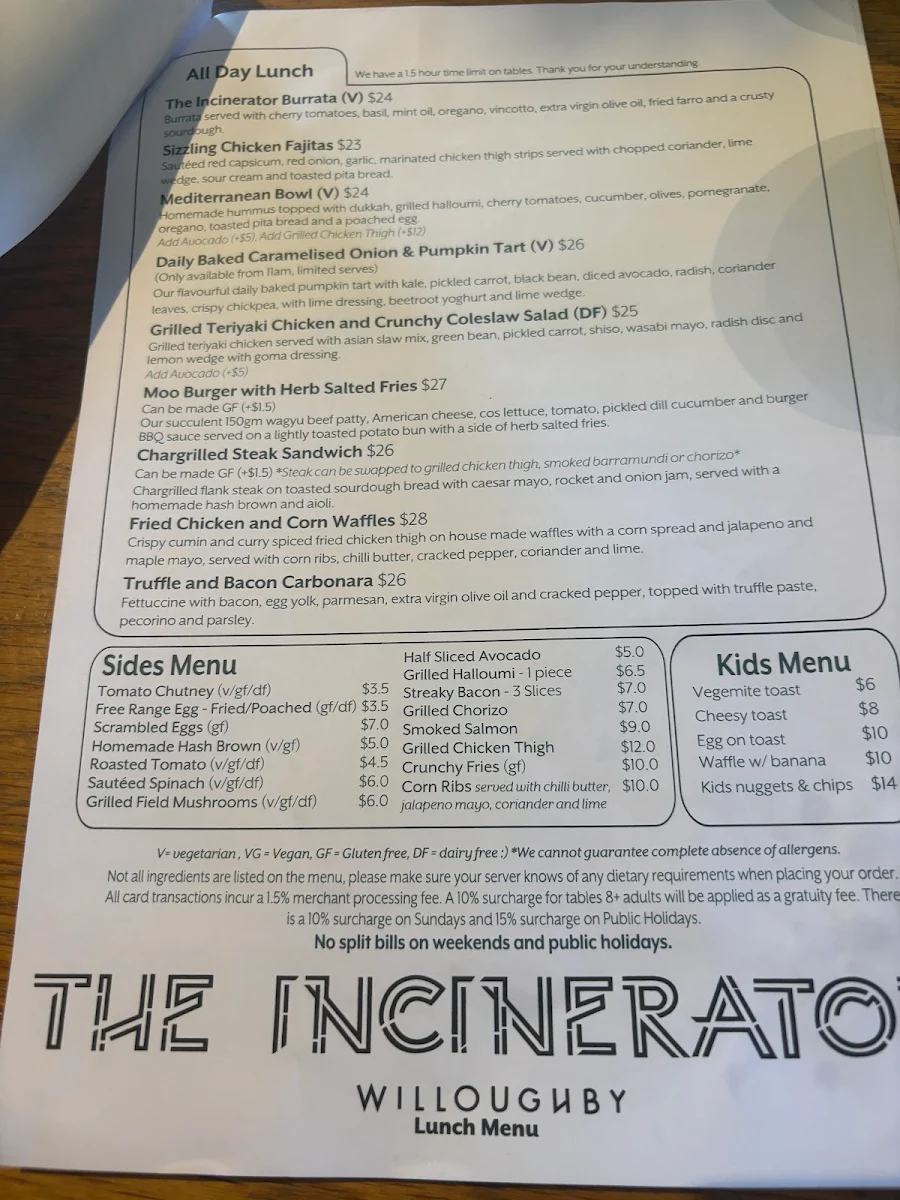 Menu, The Incinerator Café