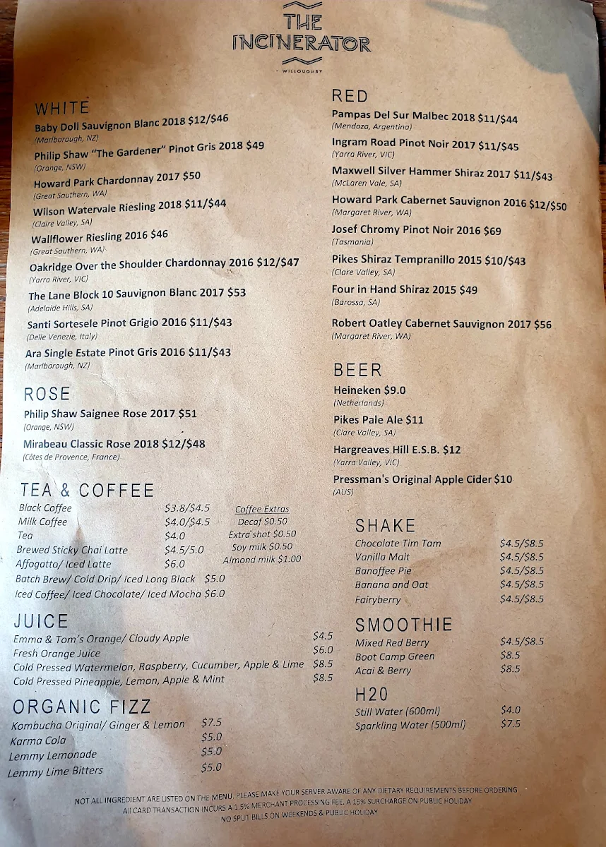 Menu, The Incinerator Café