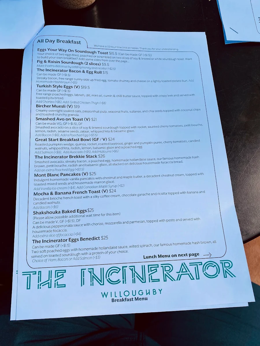 Menu, The Incinerator Café