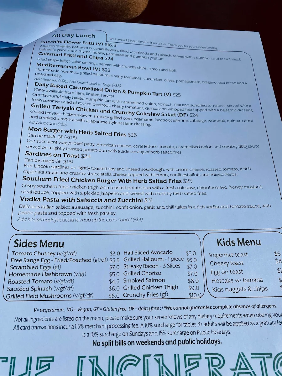Menu, The Incinerator Café