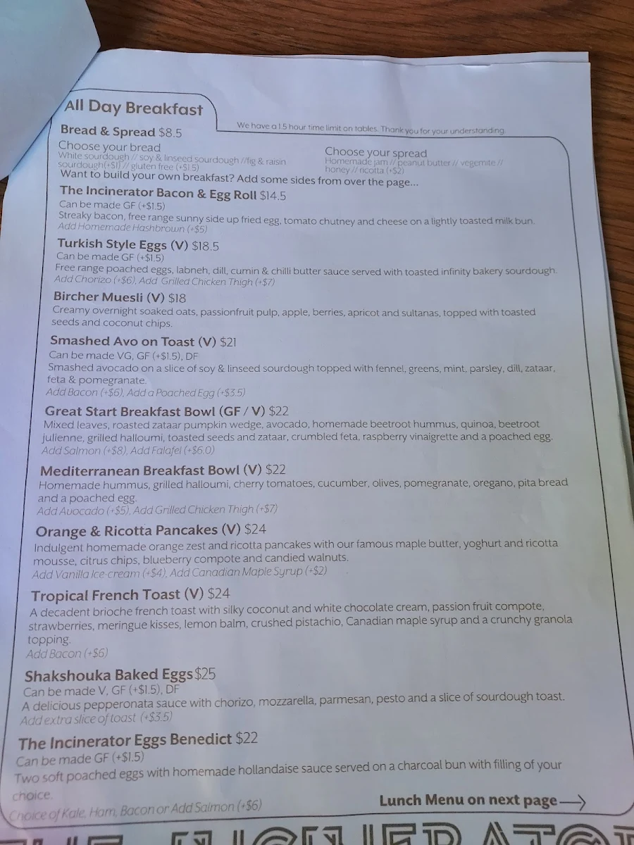 Menu, The Incinerator Café