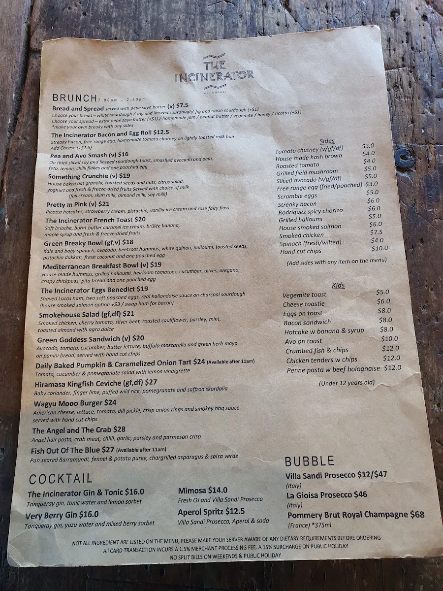 Menu, The Incinerator Café