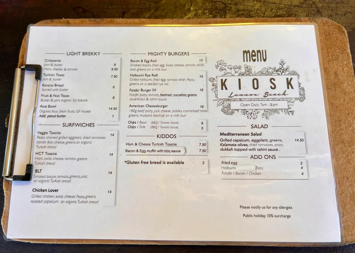 Menu, Kiosk Lennox Head