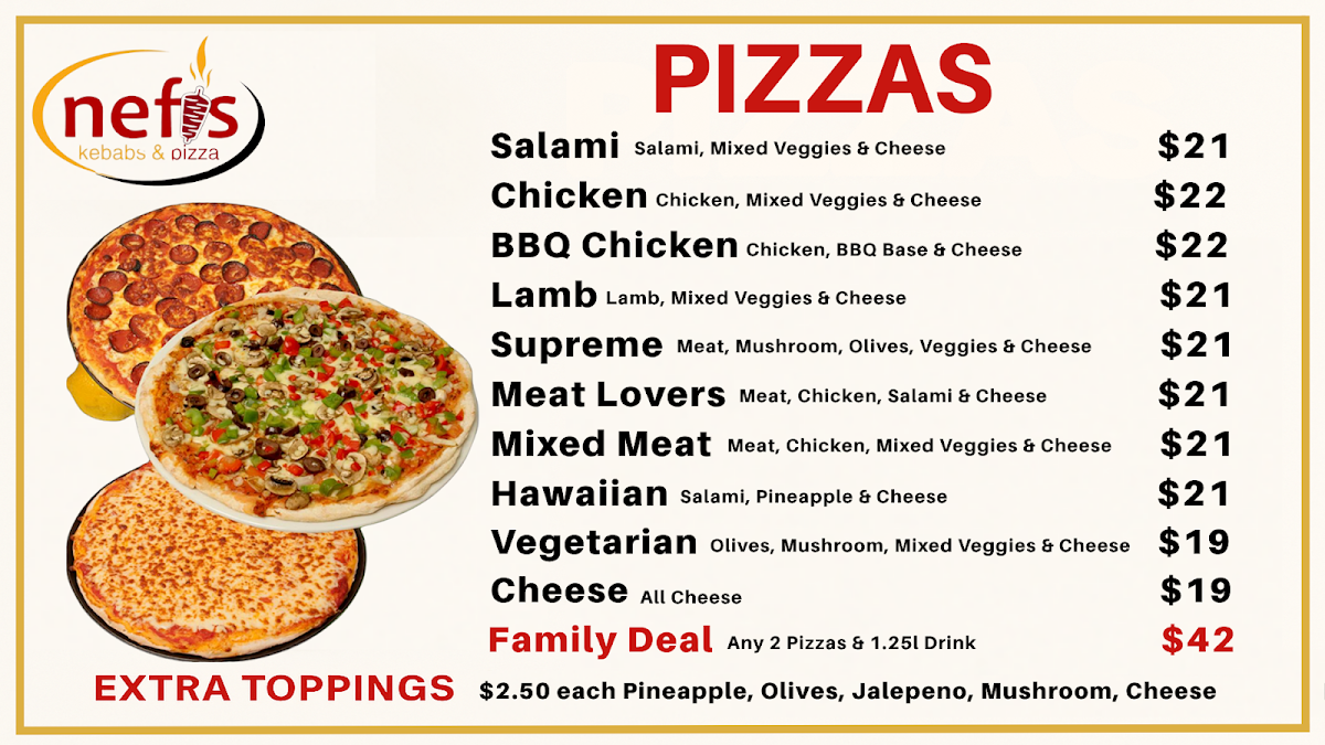 Menu, Nefis Kebabs and Pizza