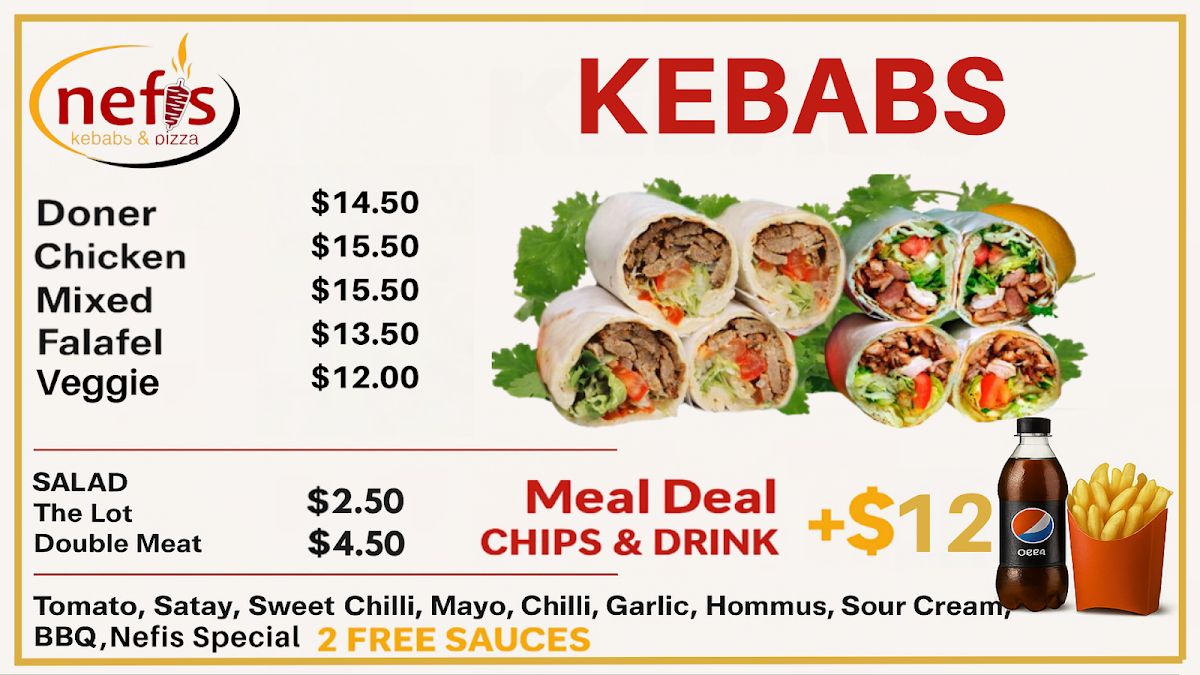 Menu, Nefis Kebabs and Pizza