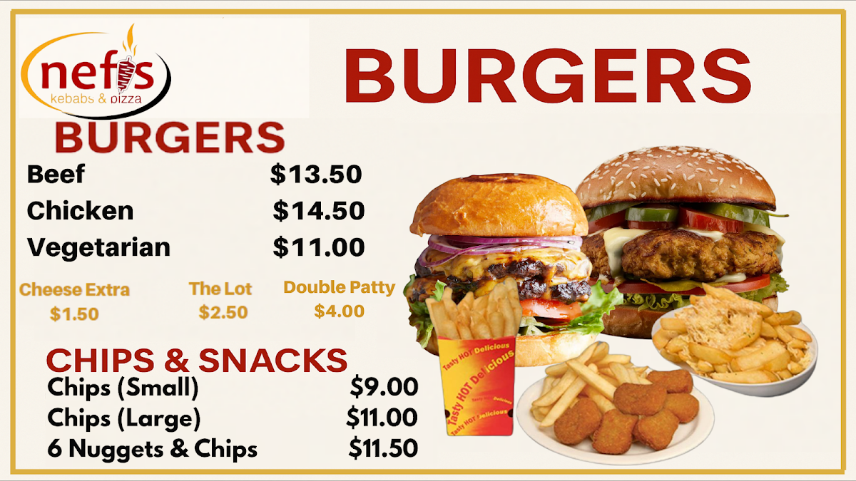 Menu, Nefis Kebabs and Pizza