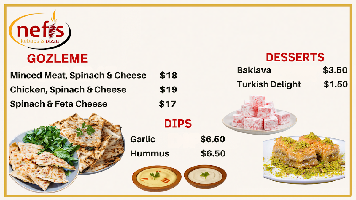Menu, Nefis Kebabs and Pizza