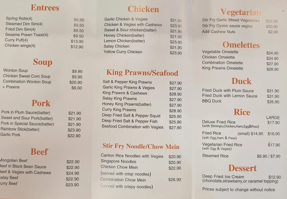 Menu, East Street Buffet