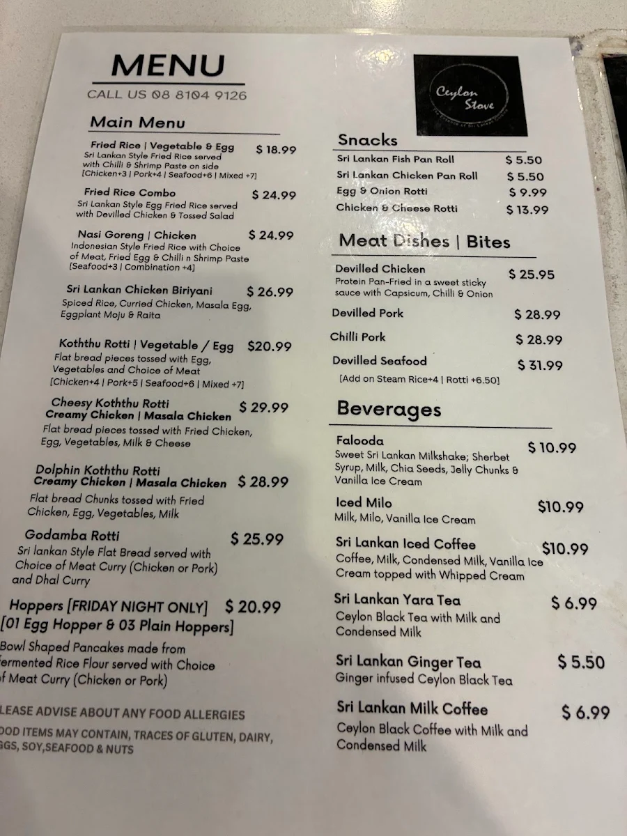 Menu, Ceylon Stove