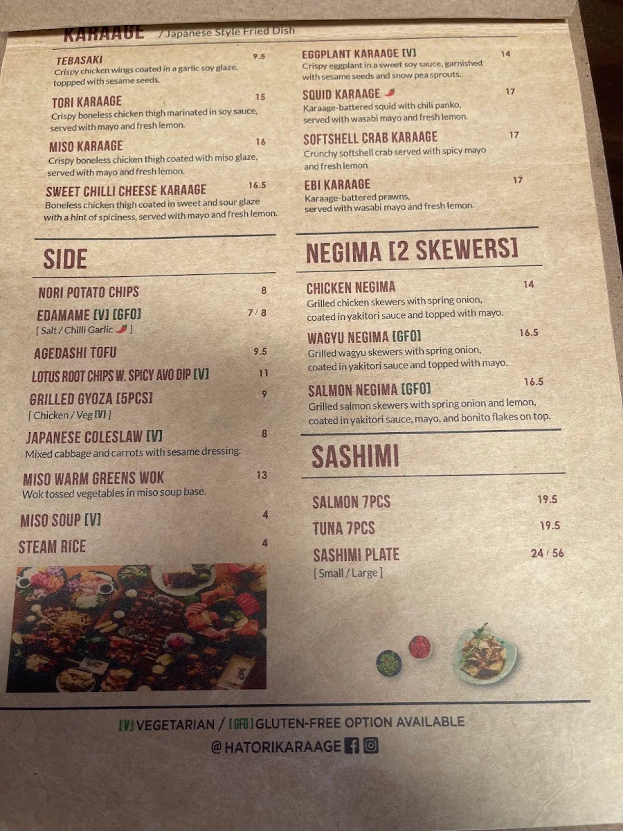 Menu, Hatori Karaage Bar