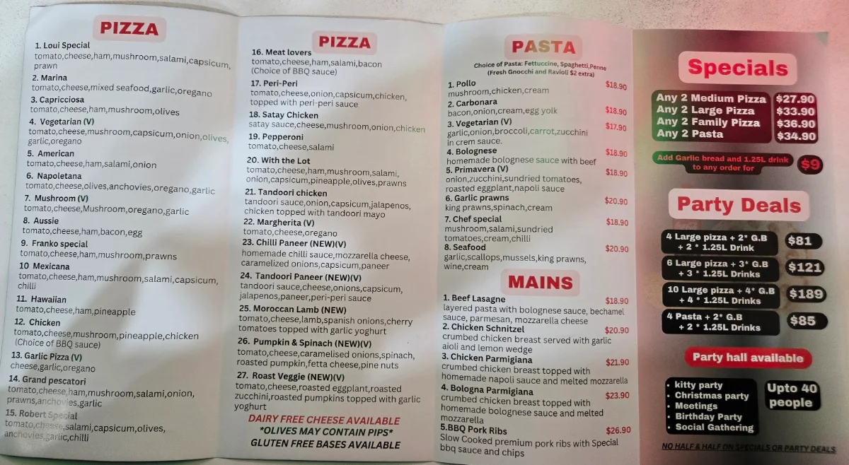 Menu, Loui and Frankos Pizza & Pasta on Broadway