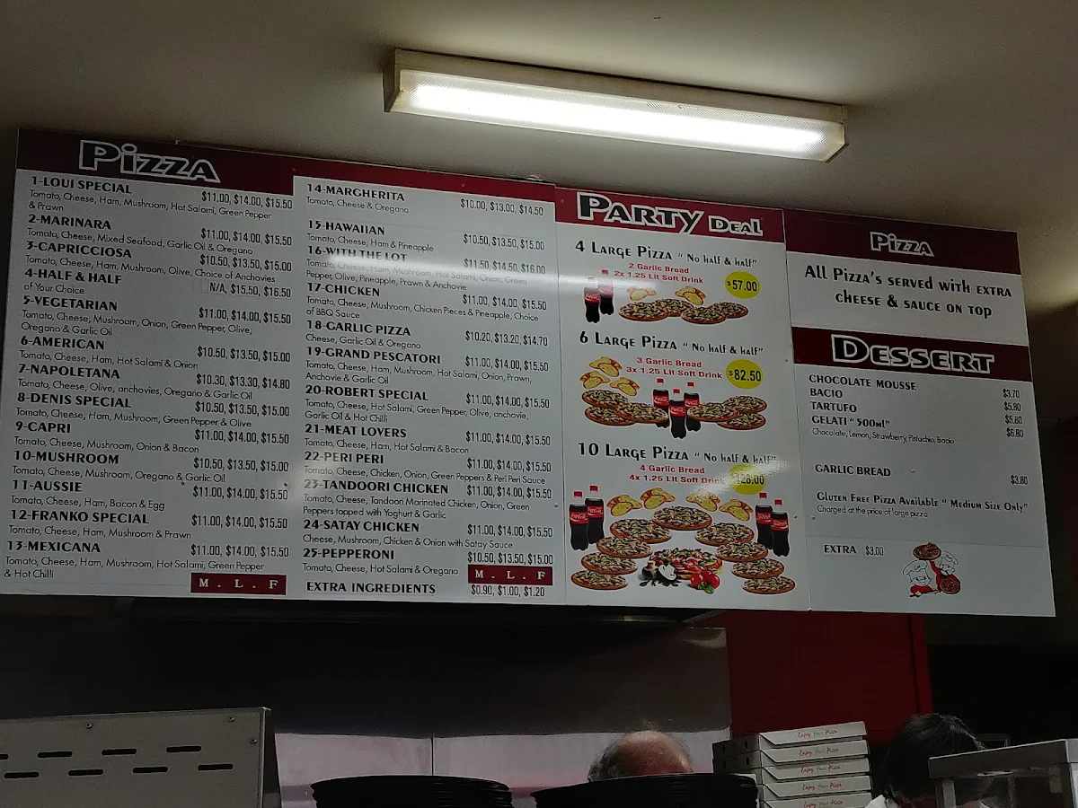 Menu, Loui and Frankos Pizza & Pasta on Broadway