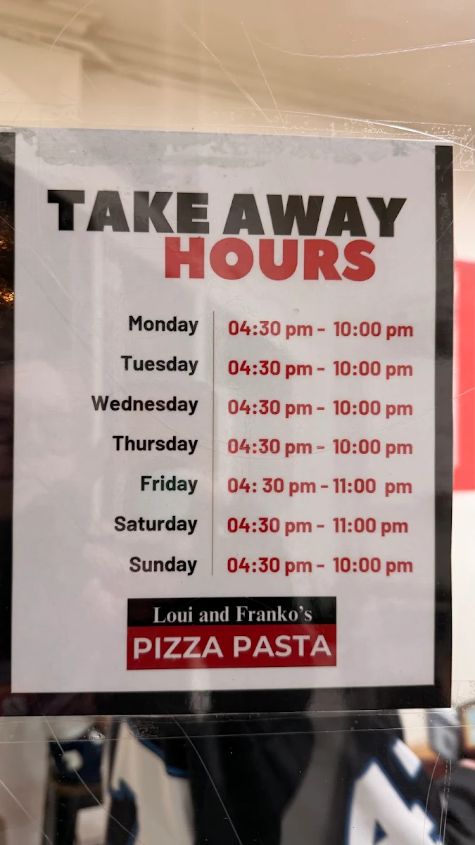 Menu, Loui and Frankos Pizza & Pasta on Broadway