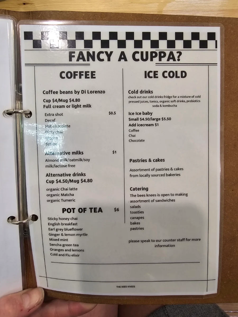 Menu, The Bees Knees Eatery