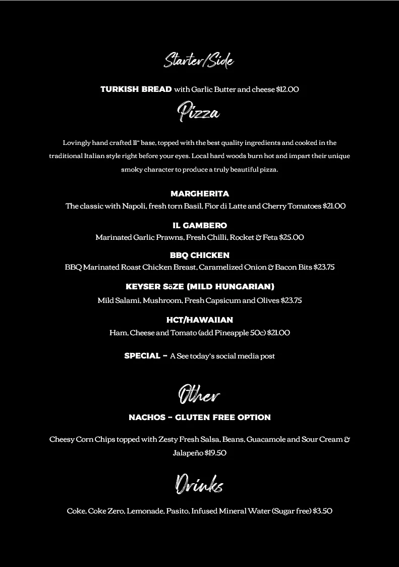 Menu, Roama Mobile Wood Fired Pizzeria