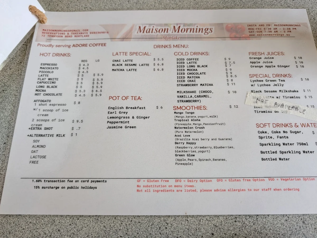 Menu, Maison Mornings