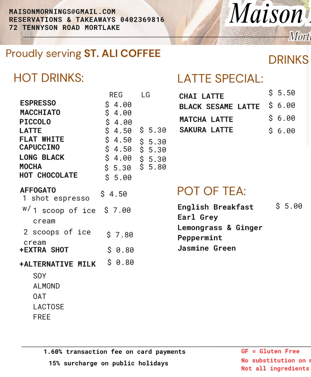 Menu, Maison Mornings