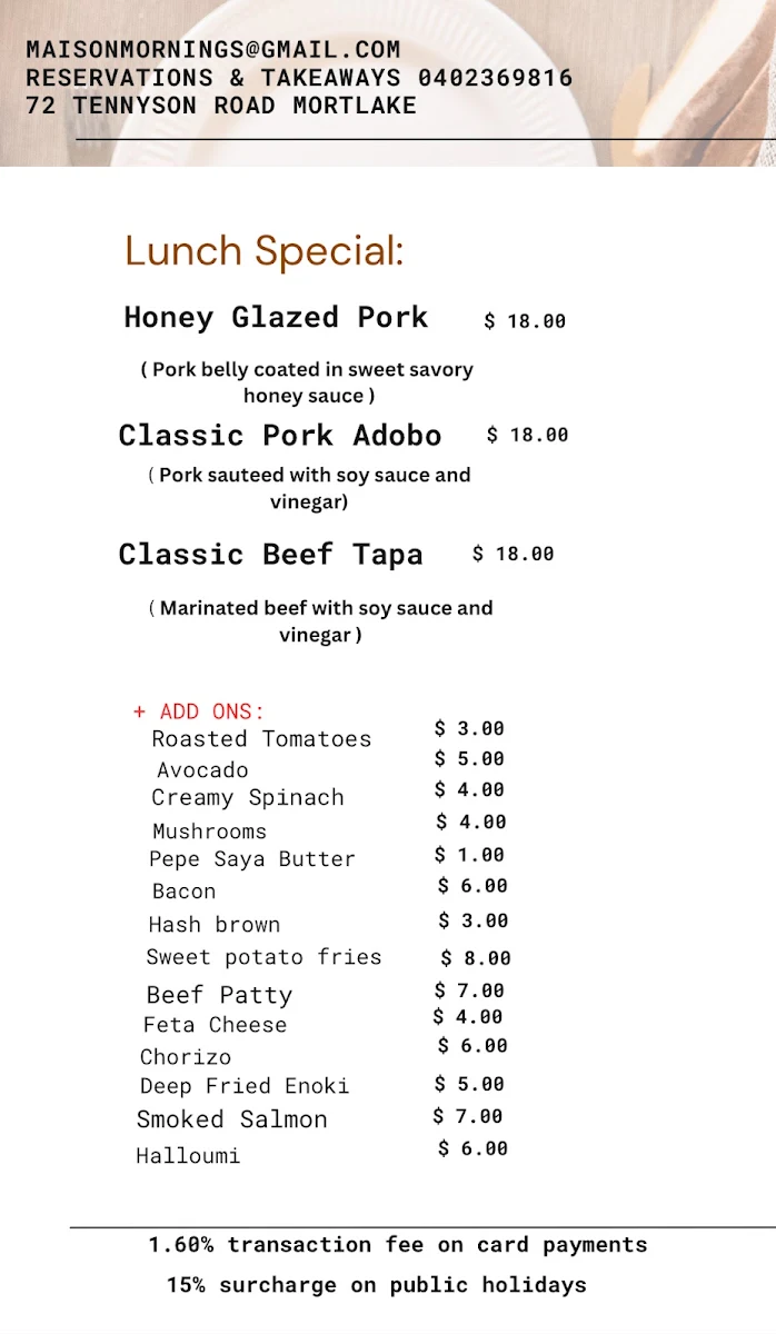 Menu, Maison Mornings