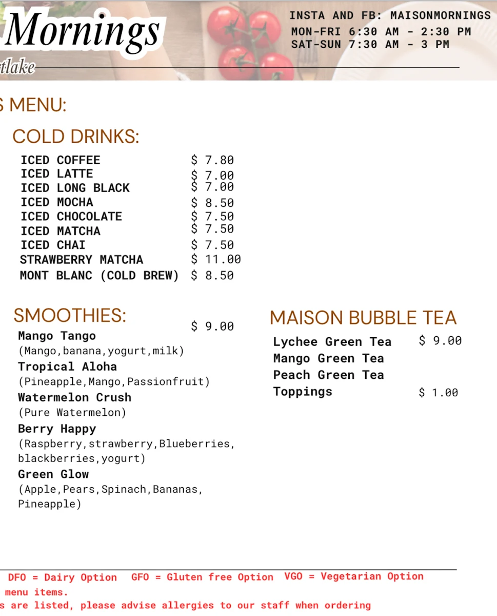 Menu, Maison Mornings