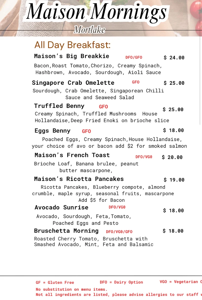 Menu, Maison Mornings