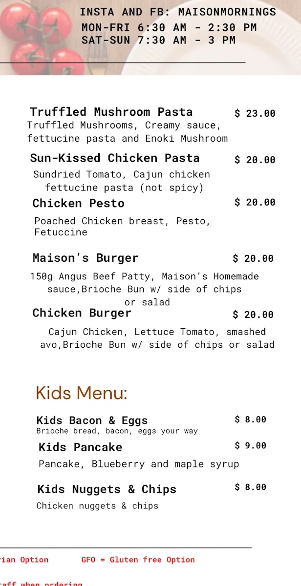 Menu, Maison Mornings