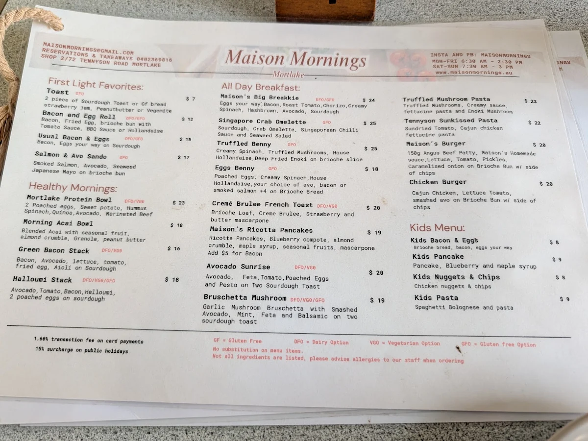 Menu, Maison Mornings