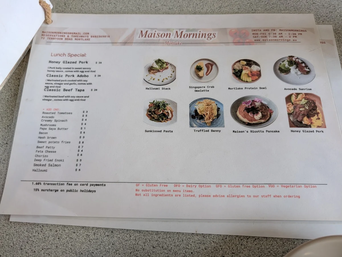 Menu, Maison Mornings