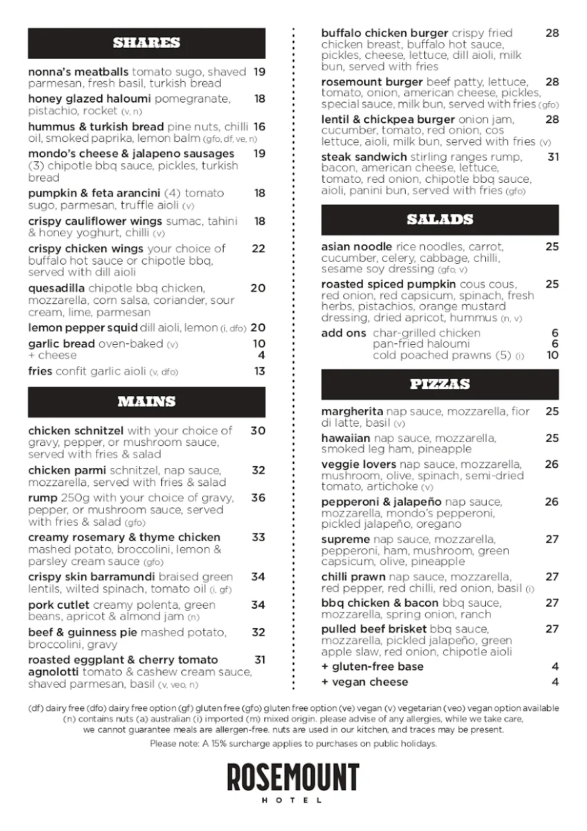 Menu, Rosemount Hotel