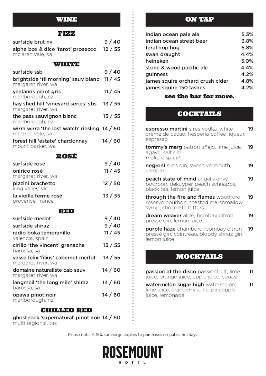 Menu, Rosemount Hotel
