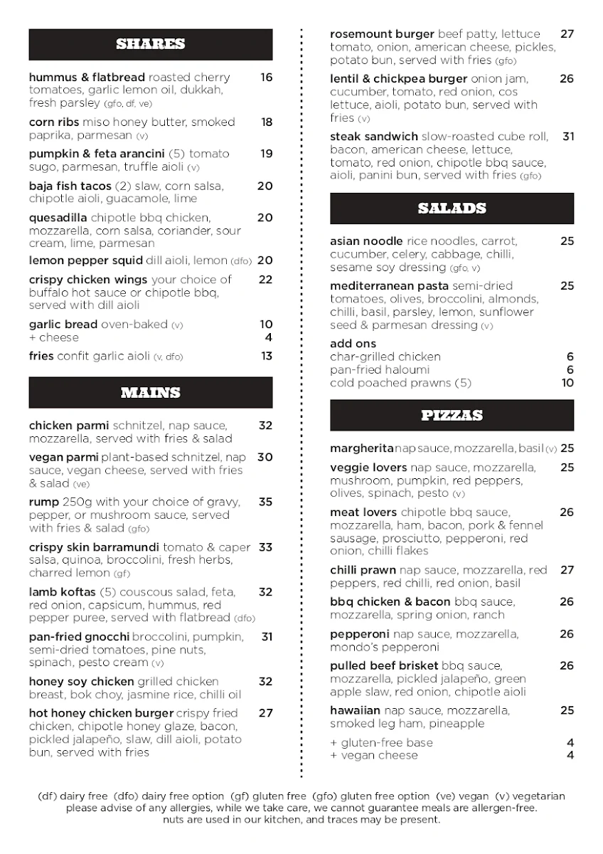 Menu, Rosemount Hotel