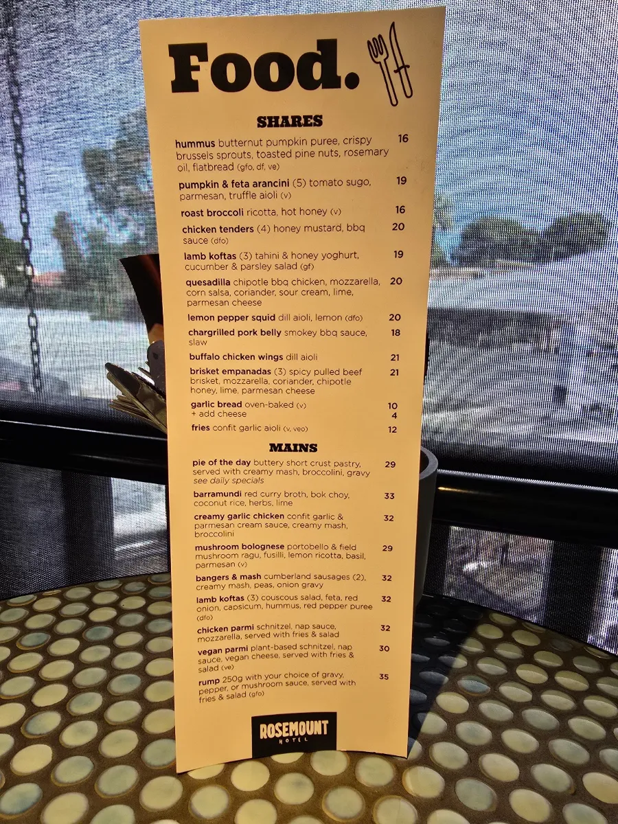 Menu, Rosemount Hotel